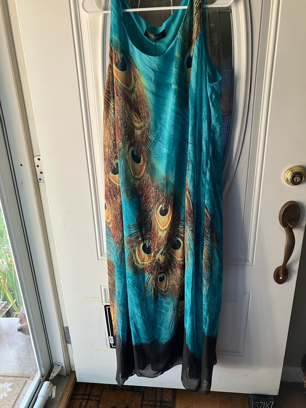 Gracia Teal Peacock Feather Print Maxi dress
